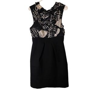 Max & Cleo Black Cream Geometric Print Ruffle Midi Cocktail Dress Size 8